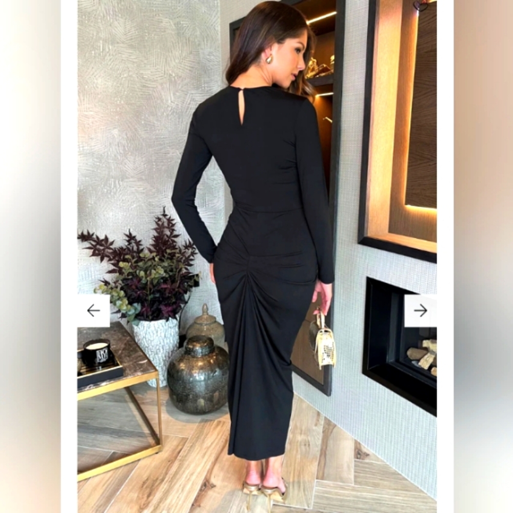 Black Long Sleeves Knot Skirt Bodycon Midi Dress